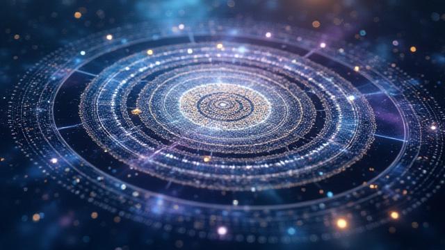 Abstrakte Darstellung von Zahlen und kosmischen Elementen, die numerologische Muster andeuten.