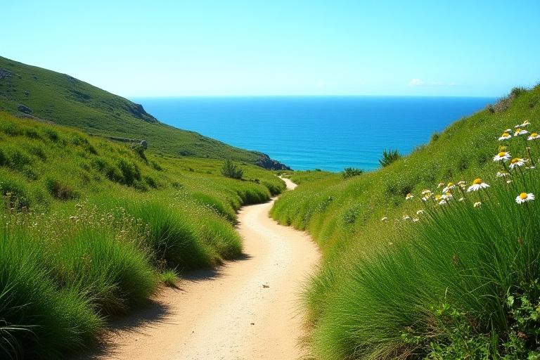 Ein einsamer Wanderweg auf einer grünen, idyllischen Insel mit Blick auf das Meer, vermittelt Ruhe und Entspannung, realistische Darstellung